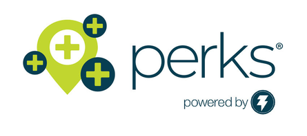 Perks logo - a green location icon with a plus sign in the center